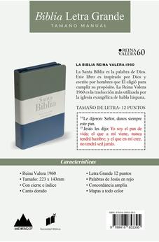 Biblia RVR 1960 Letra Grande Tamaño Manual Tricolor Gris Crema Azul con Cierre e Índice