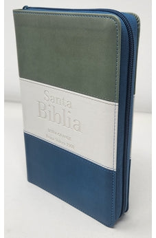 Image of Biblia RVR 1960 Letra Grande Tamaño Manual Tricolor Gris Crema Azul con Cierre e Índice