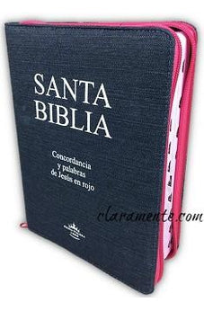 Biblia RVR 1960 Letra Grande Palabras de Jesús en Rojo con Concordancia Tapa Jeans Acolchada Azul Oscuro Cierre Rosa con Índice