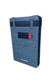 Image of Biblia RVR 1960 Letra Grande Tamaño Manual Símil Piel Jean Cinturón Azul con Índice y Cierre