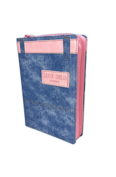 Image of Biblia RVR 1960 Letra Grande Tamaño Manual Jean Cinturón Rosa de Cuero con Cierre e Índice