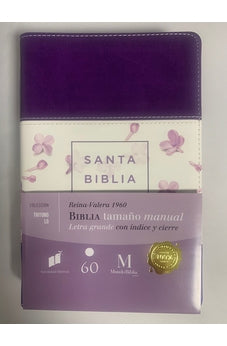 Biblia RVR 1960 Letra Grande Tamaño Manual Morado Blanco con Flores Lila con Índice