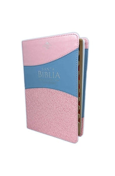 Image of Biblia RVR 1960 Letra Grande Tamaño Manual Símil Piel Duotono Rosa Azul con Índice y Cierre