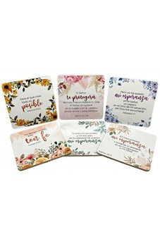 Pack de 6 posavasos con versículos bíblicos. Floral Pack de 6 posavasos en caja a todo color. Cada posavasos lleva un versículo y un diseño diferente. Tamaño de cada posavasos: 100x100 mm.