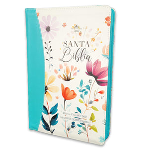 Biblia RVR 1960 Súper Gigante Jardin Turquesa Canto Pintado Cierre Índice Símil Piel