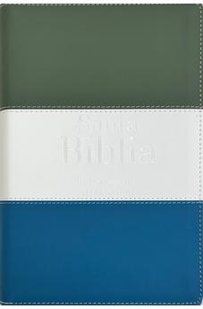Biblia RVR 1960 Letra Grande Tamaño Manual Tricolor Gris Crema Azul con Cierre e Índice