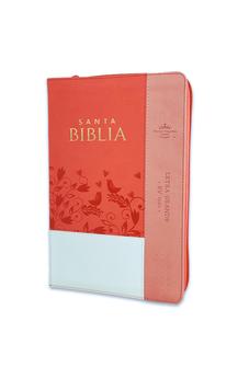 Biblia RVR 1960 Letra Grande Tamaño Manual Tricolor Blanco Coral Pájaros Símil Piel con Índice y Cierre