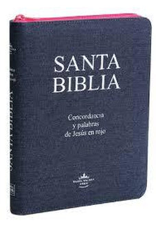 Biblia RVR 1960 Letra Grande Palabras de Jesús en Rojo con ConcordanciaTapa Jeans Acolchada Azul Oscuro Cierre Rosa Canto Rosa